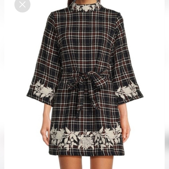 Fanm Mon Layla Tweed, Floral Embroidered Mock Neck, Wide 3/4 Sleeve Dress - Picture 1 of 6